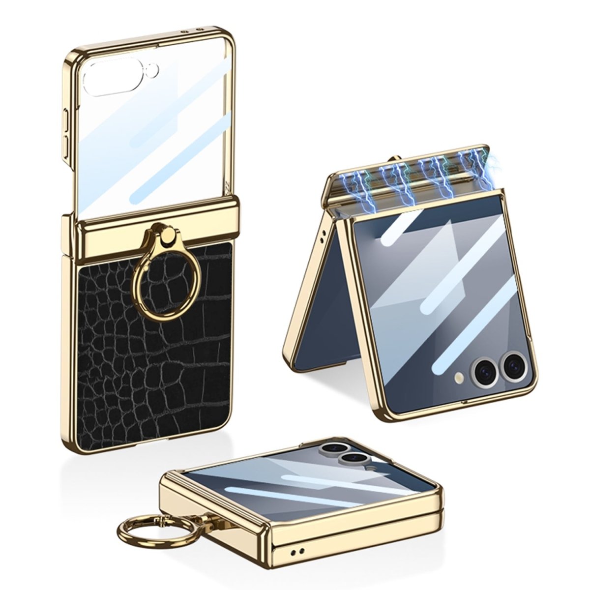 Electroplated Leather Magnetic Hinge Ring Holder Case For Galaxy Z Flip 7/6/5/4 With Front Protection Film