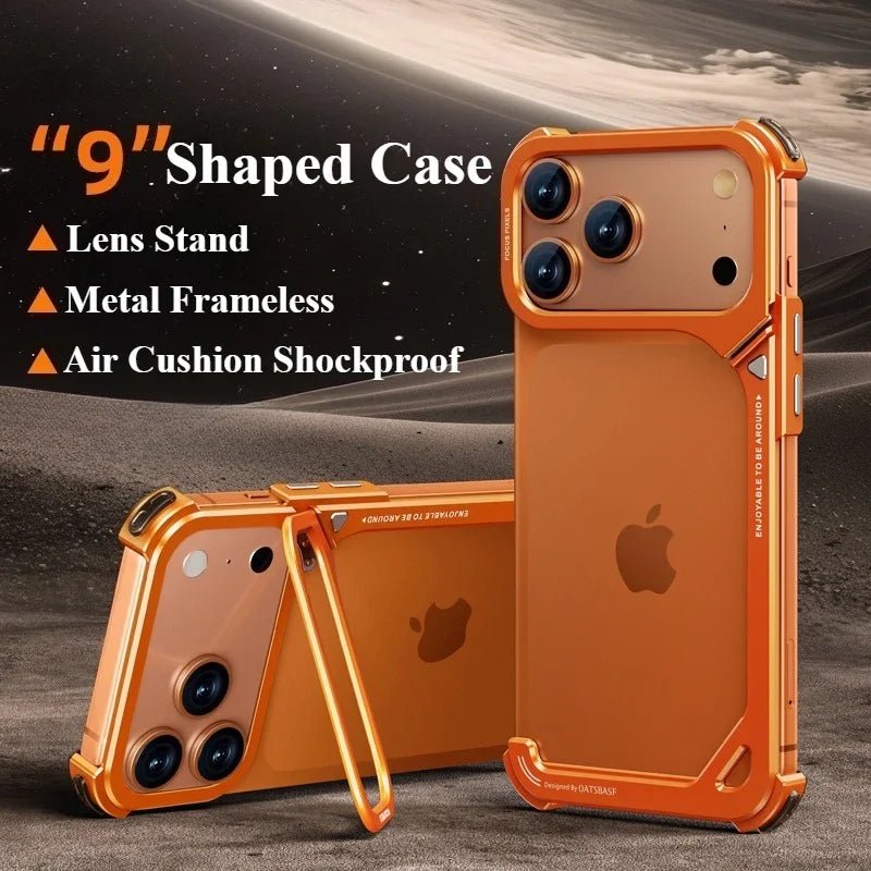 9 - Shaped Metal Frameless Shockproof Phone Case with Stand Magsafe Minimalist Bumper for iPhone 17 Series