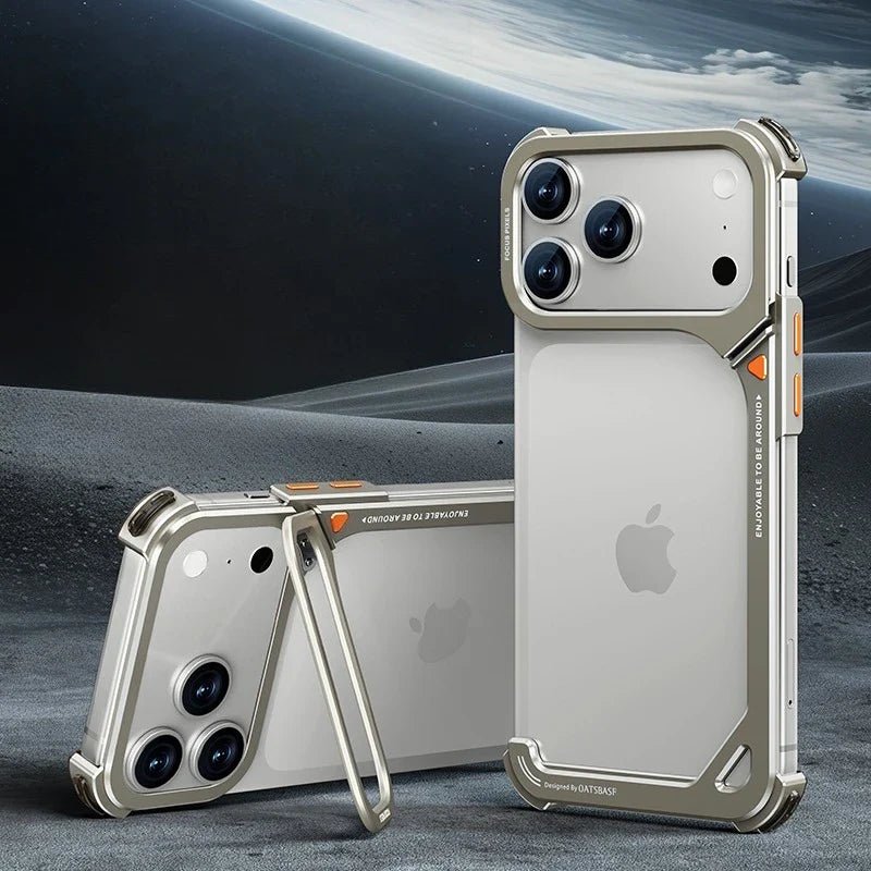 9 - Shaped Metal Frameless Shockproof Phone Case with Stand Magsafe Minimalist Bumper for iPhone 17 Series